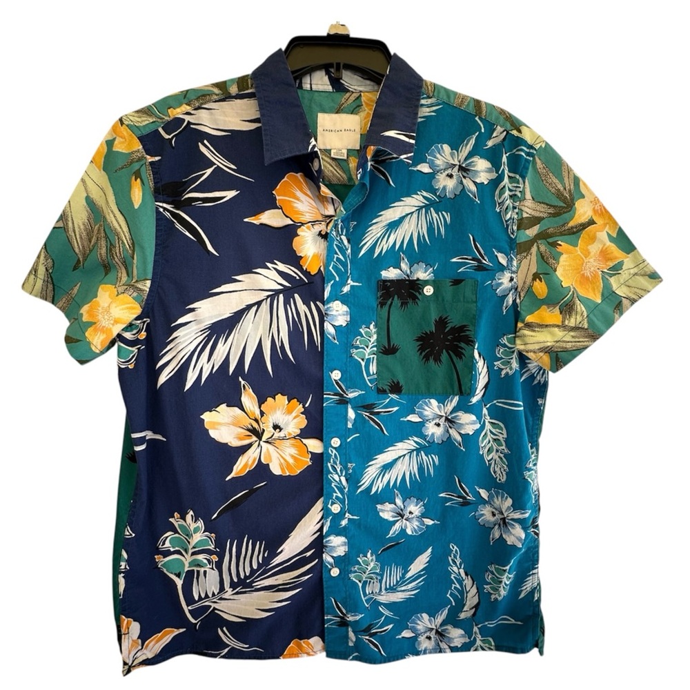 American Eagle Men's Colorblock Tropical Palm Print Short-Sleeve Button Shirt